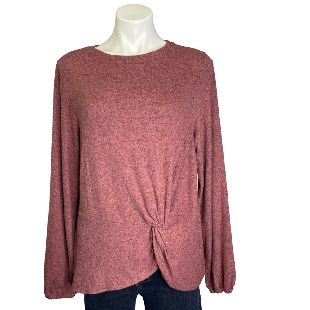 BOBEAU Twist Knot Front Long Sleeve Top Pink Large